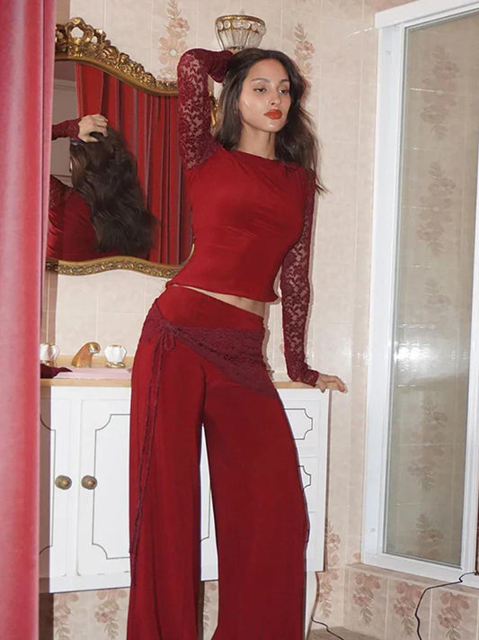 Patchwork Lace Long Sleeve Pant Suit