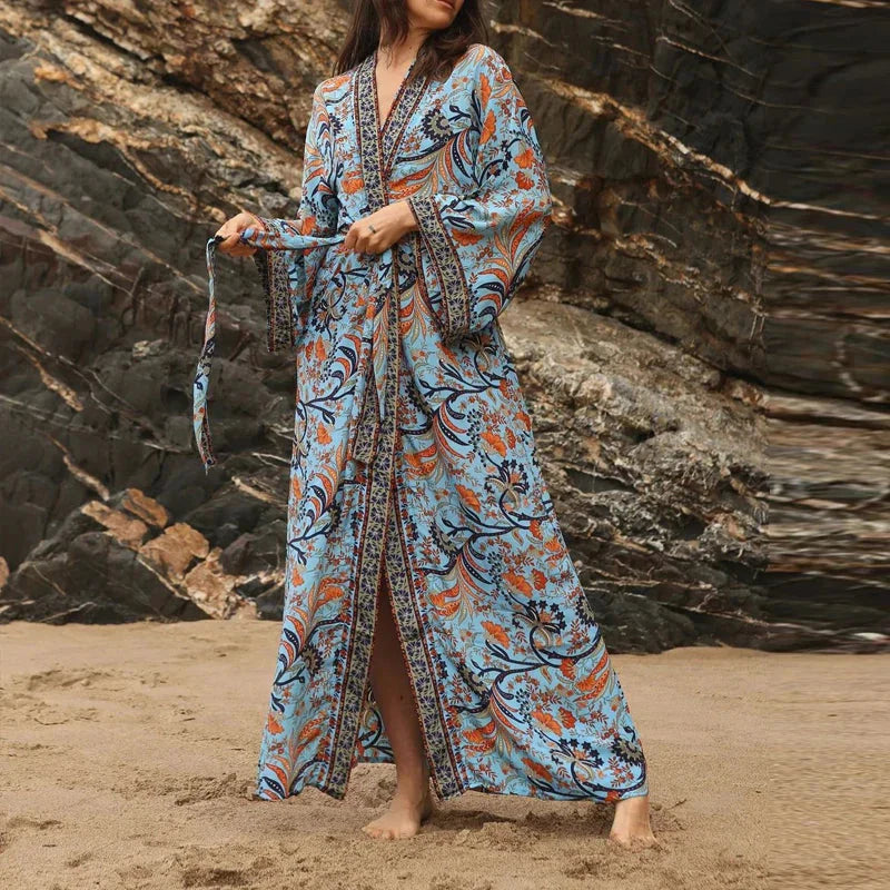 Retro Floral V-Neck Beach Cover Up 03 Blue / One Size