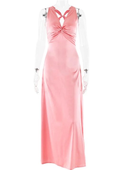 V Neck Sleeveless Satin Bow Backless Maxi Dress