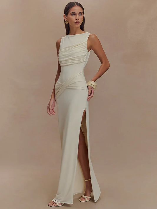 Backless Ruched O Neck Thigh High Split Long Dress