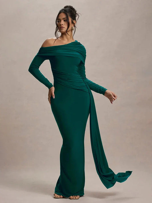Skew Collar Long Sleeve Maxi Dress