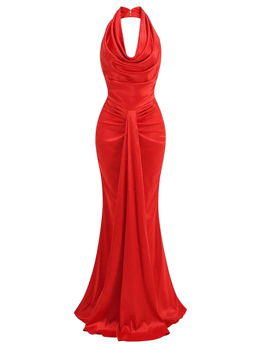 Swinging Collar Backless Pleated Red Stain Maxi Dress