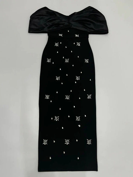 Off Shoulder Black Pleated Sleeves Crystal Dress