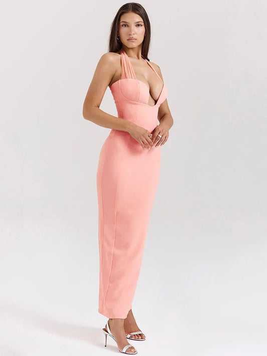 Pink Deep Neck Halter Bodycon Midi Dress