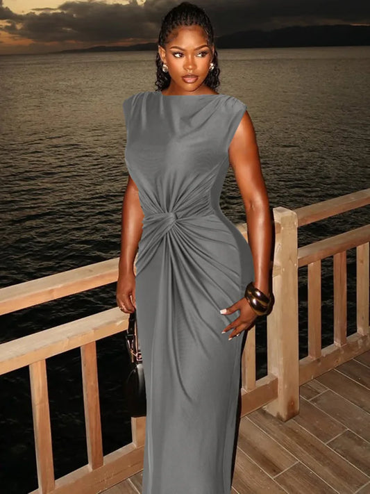 Solid Boat Neck Twist Knot Long Dress