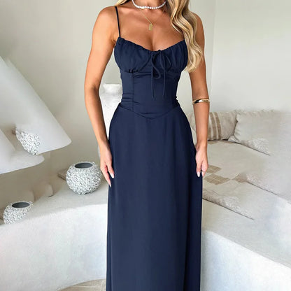 Long Waist Wrap A-line Spaghetti Strap Backless Sexy Spring Summer Maxi Dress