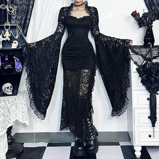 Traditional Gothic Lace Flare Sleeve Shirt black / S