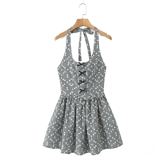 Gray Embroidery White Flower Bow Halter Mini Dress