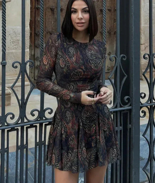 Pleated Long Sleeves Tulle Mini Dress