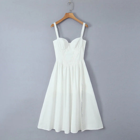 Wire Corset Style Low Waist White Midi Dress