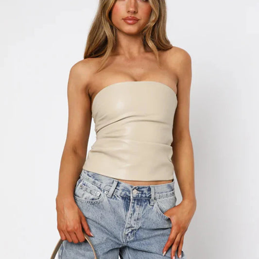 PU Leather Strapless Pleated Tube Top