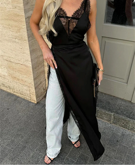 Lace Satin Patchwork High Split Maxi Dress