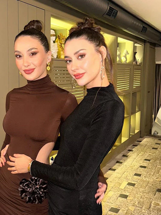 Turtleneck Hollow Out Thigh High Split Dress