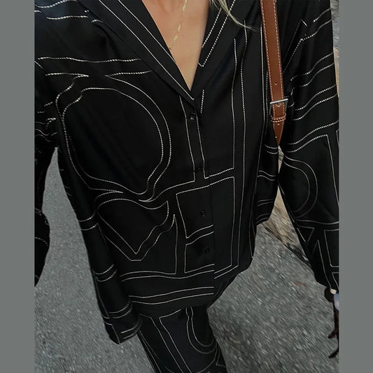 Long Sleeved Silk Geometric Shirt High Waist Pant Set