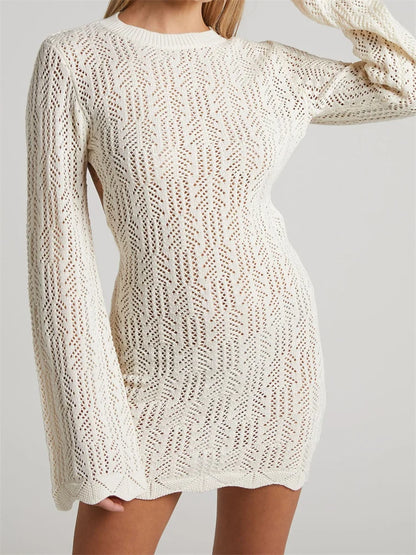 FashionSierra - Knitted Long Sleeve Backless Tie-up Solid Mini Dress