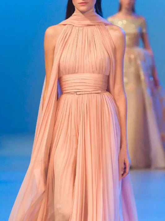 Ribbon Sleeveless Pleated Solid Long Dress