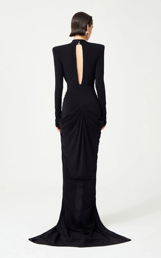 Deep V Neck Long Sleeves Black Maxi Dress  Party Gown