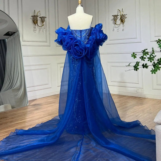 Strapless Mermaid Beaded Puff Sleeves Formal Gown