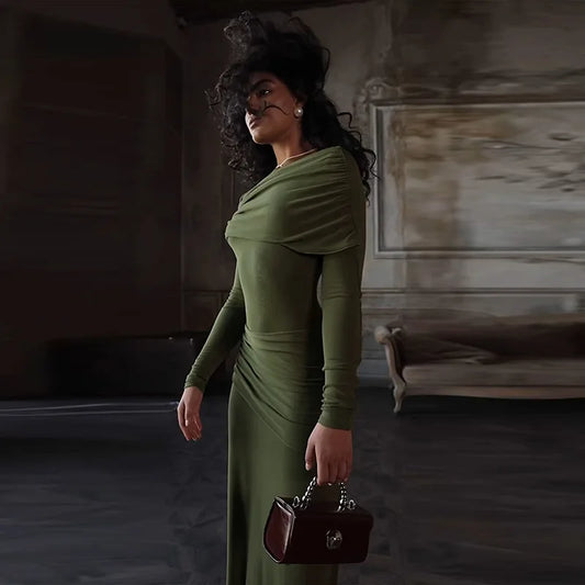 Solid Long Sleeve Irregular Splice Long Dress