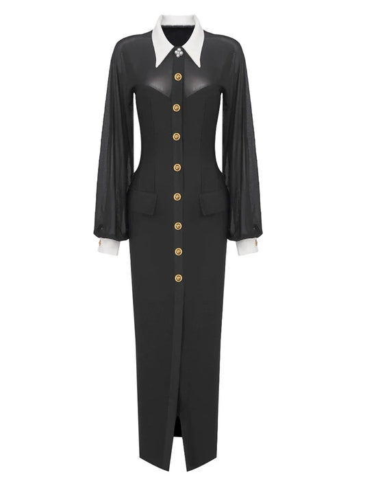 Lapel Mesh Patchwork Button Black Long Dress