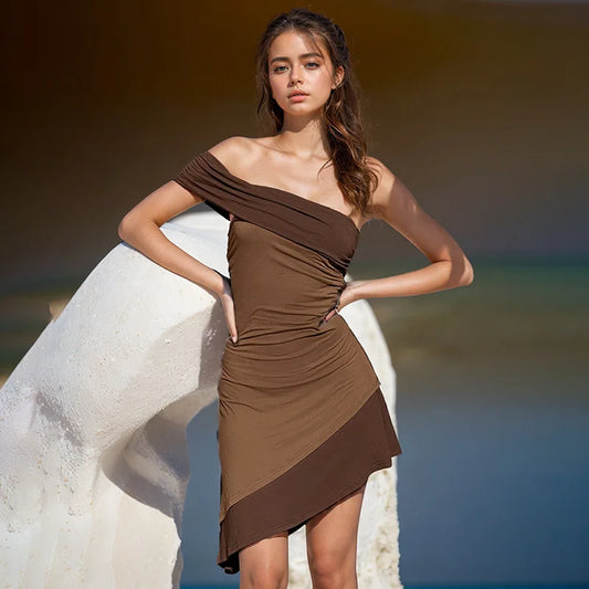 Women's Slant Collar Asymmetrical Short Dress