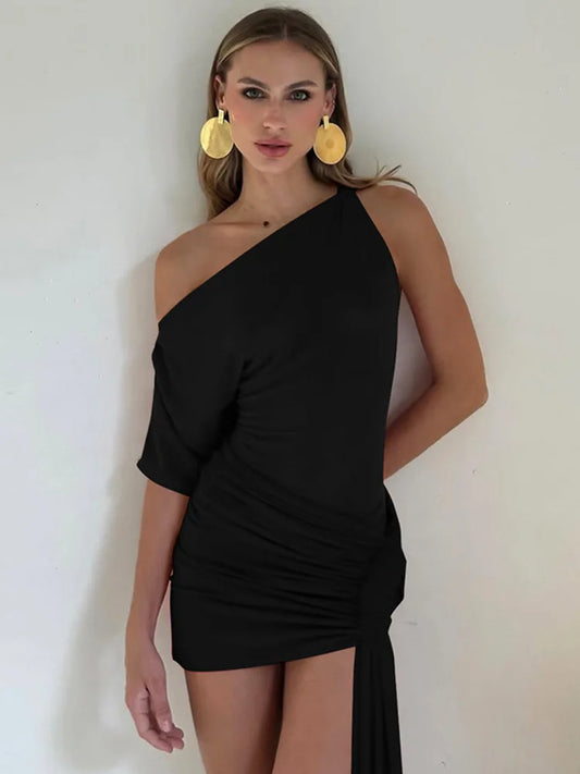 Oblique-Shoulder Backless Irregular Draped Dress