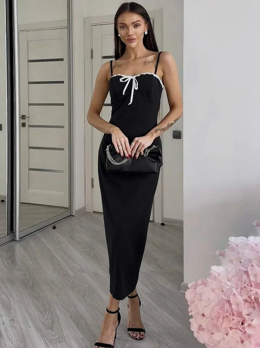 Open Back Lace Patchwork Black Maxi Dress