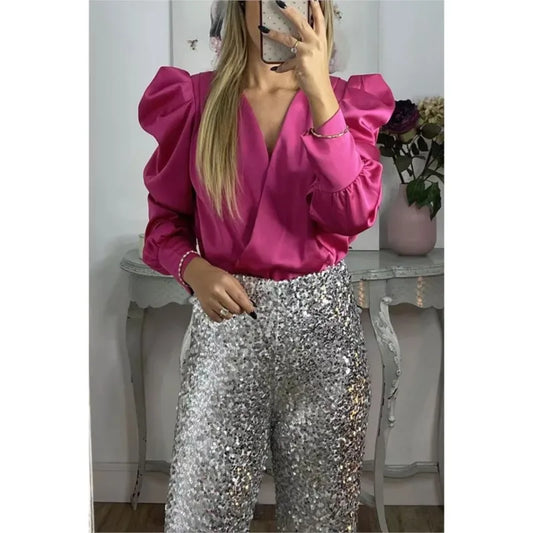 Satin Puff Long Sleeve Pleated Ruffled Tops