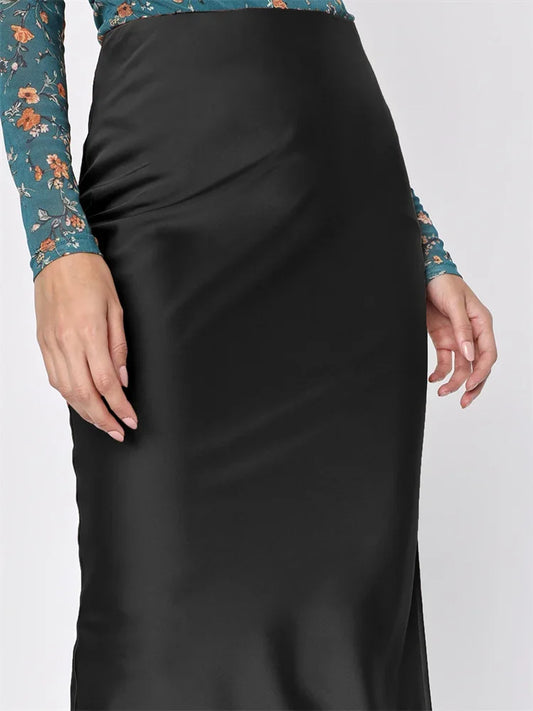 Satin High-Waist Slim Side-Split Patchwork Skirt Bottomt