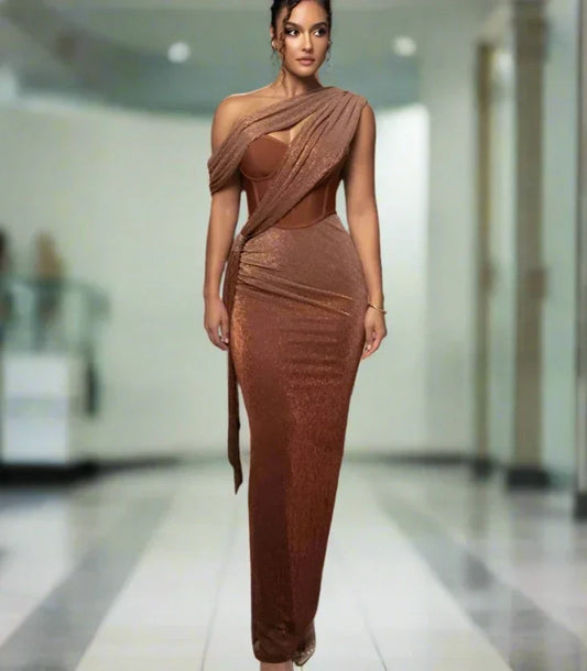 One Shoulder Draped Glitter Brown Maxi Dress