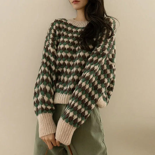 Plaid Long Sleeve Knitted Sweater