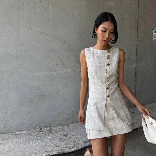 Sleeveless Front Buttoned Top and Mini Skirt Set