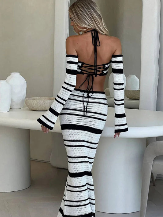 Striped Halter Maxi Skirt Suit