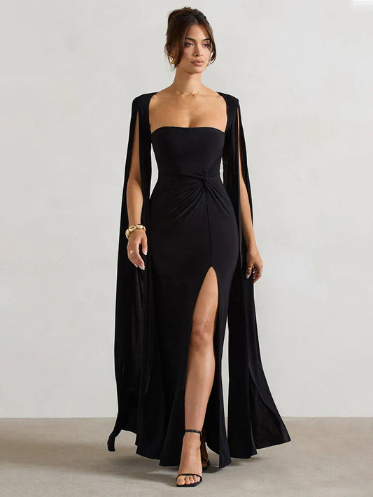 Elegant Cape Sleeve Maxi Dress with High Split