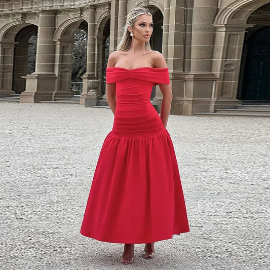 Slash Neck Off Shoulder Solid Dress