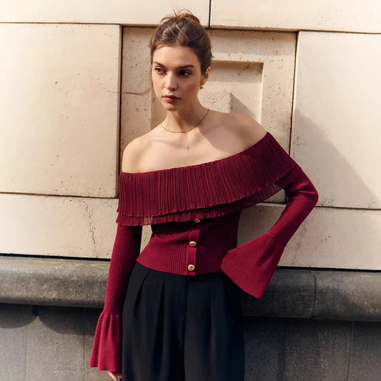 Off-Shoulder Knitted Flare Sleeve Top