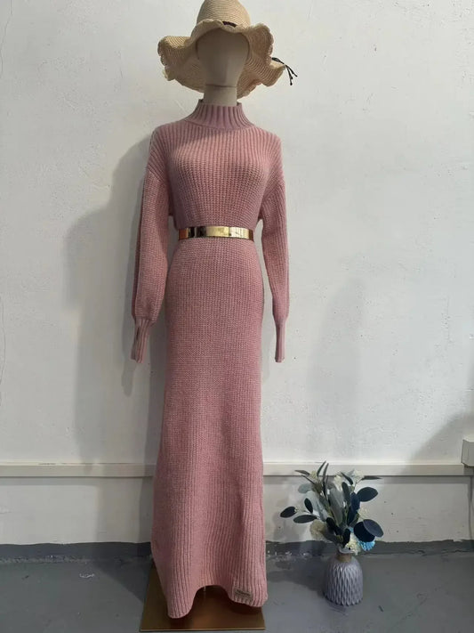 Turtleneck Pullover Solid Sweater Dress With Belt