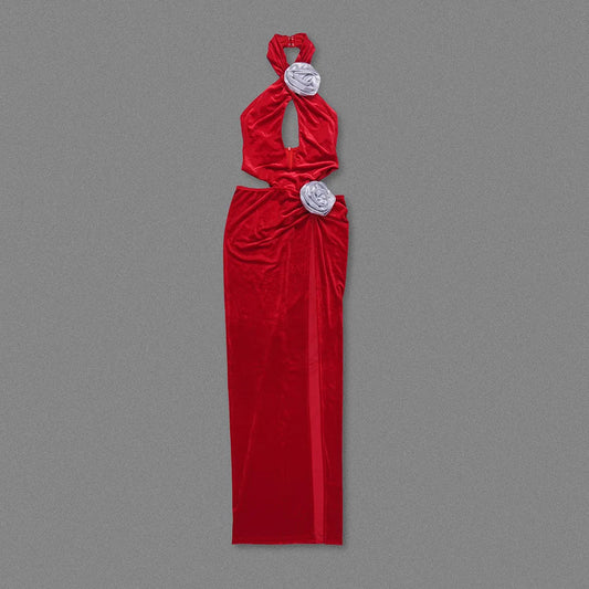 Red Velvet Maxi  3D Flower Evening Gown