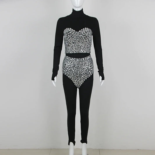 Diamond Decorated High Waist Jumpsuit Set