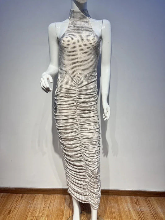 Halter Neck Backless Crystal Folds Long Dress