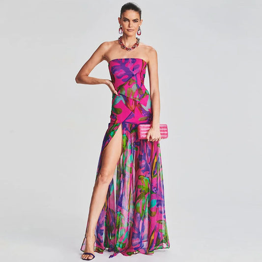 Strapless Retro Print Split Long Dress