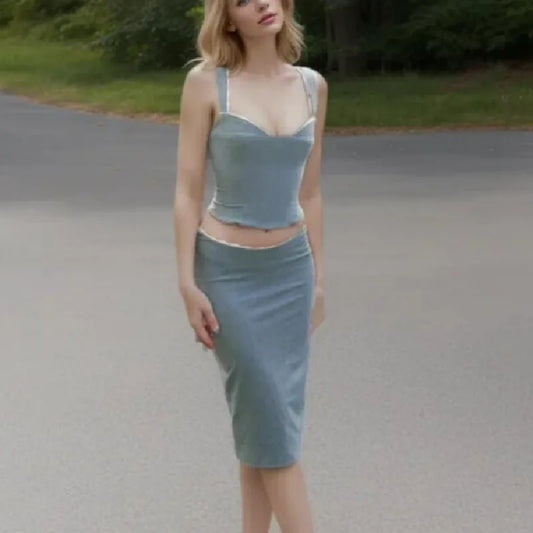 Spliced Lace Top Low Waist Midi Skirt Suits