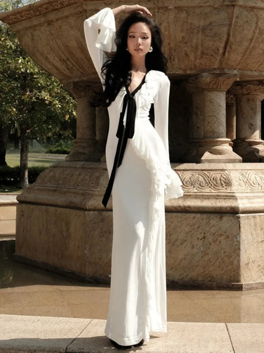 Long Sleeved Ruffled Slit Maxi Dress for Women