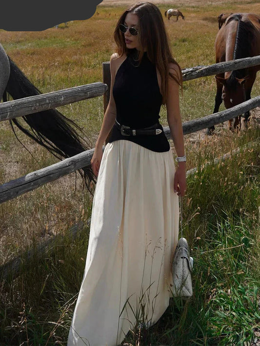 Contrast Patchwork Halter Backless Long Bodycon Dress