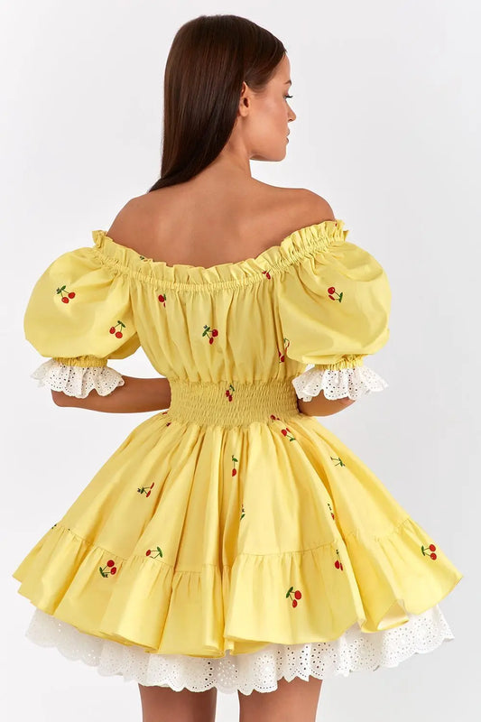 Print Puff Sleeve Ruffles Lace-up  Mini Dress
