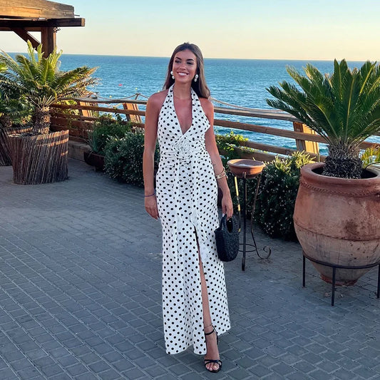 3D Flowers Polka Dot Print Backless Dress