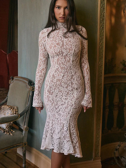Lace White Long Sleeve Turtleneck Dress