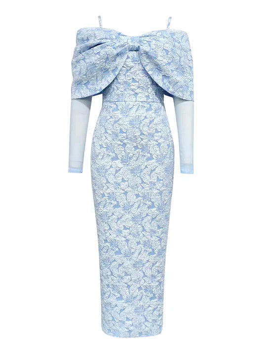 Sky Blue Mesh Sleeve Floral Dress