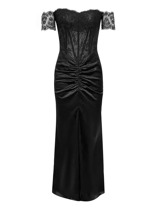 Lace Patchwork Black Short Sleeve Dress