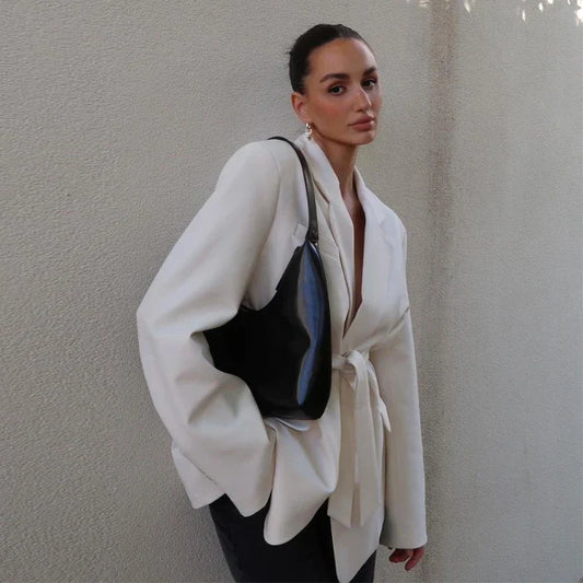 Lace-up V Neck Solid Blazer Dress